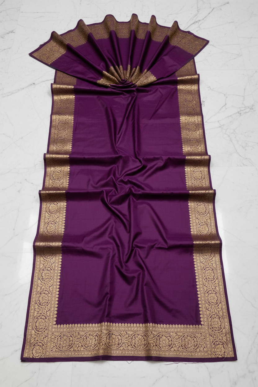 Deep purple Katan silk saree flat lay showing full length and gold zari border